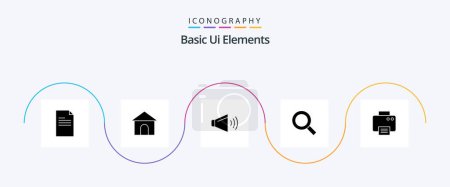 Téléchargez les illustrations : Basic Ui Elements Glyph 5 Icon Pack Including print. find. sound. zoom. magnifier - en licence libre de droit