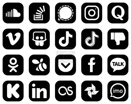Illustration for 20 Premium White Social Media Icons on Black Background such as slideshare. vimeo. mesenger and question icons. Elegant and unique - Royalty Free Image