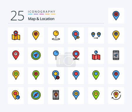 Ilustración de Map & Location 25 Line Filled icon pack including marker. location. location. plus. map - Imagen libre de derechos