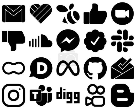 Illustration for 20 Professional Black Solid Social Media Icons such as facebook. music. video. sound and facebook icons. High-resolution and fully customizable - Royalty Free Image