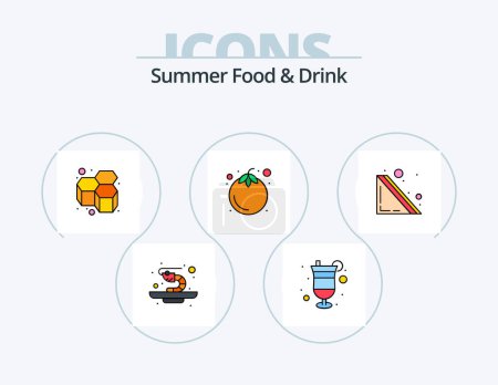 Téléchargez les illustrations : Summer Food and Drink Line Filled Icon Pack 5 Icon Design. sweet. honey. food. bees. fruit - en licence libre de droit