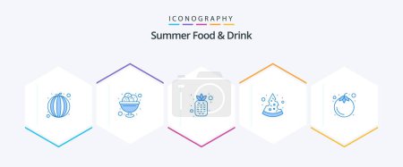 Téléchargez les illustrations : Summer Food and Drink 25 Blue icon pack including mangosteen. slice. sweet. pizza. pineapple - en licence libre de droit