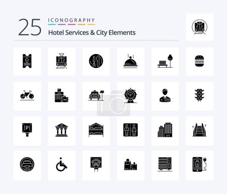 Téléchargez les illustrations : Hotel Services And City Elements 25 Solid Glyph icon pack including chair. service. hotel . pallater. hotel - en licence libre de droit