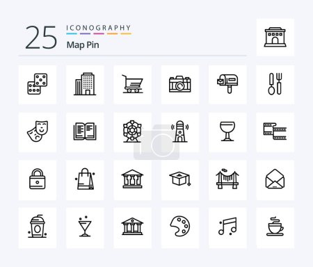 Téléchargez les illustrations : Map Pin 25 Line icon pack including dish. cutlery. trolley. shopping. box - en licence libre de droit