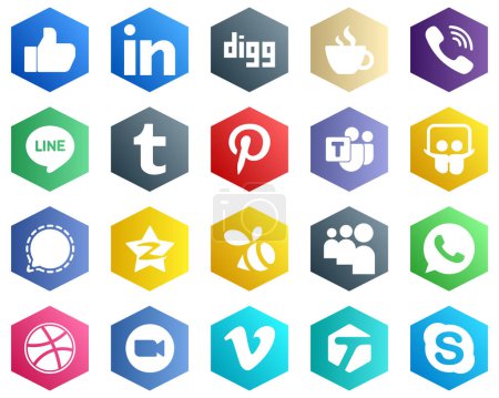 Illustration for 25 Editable White Icons such as signal. viber. microsoft team and tumblr icons. Hexagon Flat Color Backgrounds - Royalty Free Image