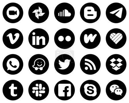 Illustration for 20 High-Definition White Social Media Icons on Black Background such as flickr. linkedin. blogger and video icons. Professional and clean - Royalty Free Image
