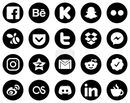 Ilustración de 20 Stylish White Social Media Icons on Black Background such as instagram. facebook. yahoo. messenger and tweet icons. High-definition and versatile - Imagen libre de derechos