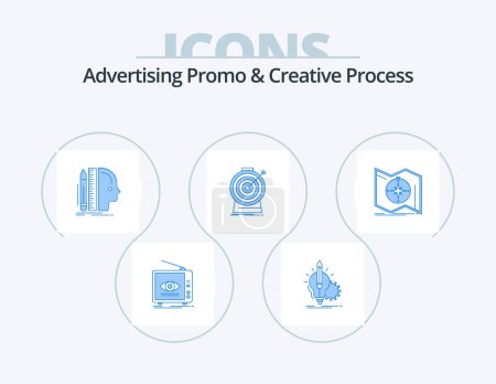 Ilustración de Advertising Promo And Creative Process Blue Icon Pack 5 Icon Design. goal. aim. lamp. thinking. ruler - Imagen libre de derechos