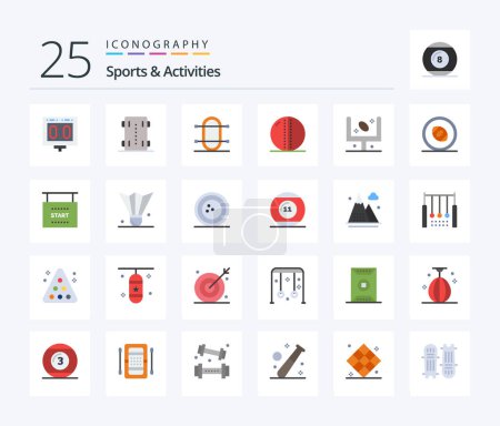 Téléchargez les illustrations : Sports & Activities 25 Flat Color icon pack including leather ball. cricket ball. wheels skate. sport. physic - en licence libre de droit