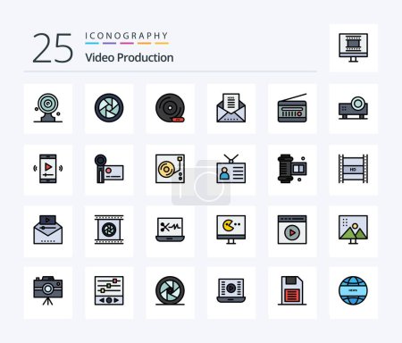 Illustration for Video Production 25 Line Filled icon pack including newsletter. email document. email. peripheral device - Royalty Free Image