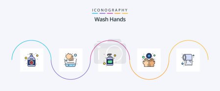 Téléchargez les illustrations : Wash Hands Line Filled Flat 5 Icon Pack Including roll. washing. water bowl. medical. hands - en licence libre de droit