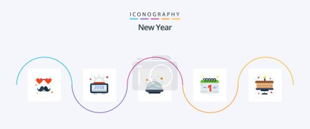 Téléchargez les illustrations : New Year Flat 5 Icon Pack Including new year. cake. food. new year. calendar - en licence libre de droit