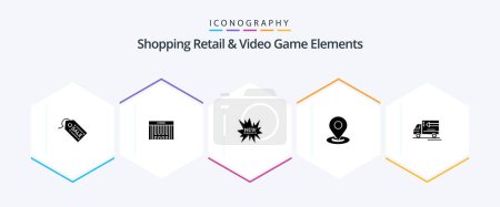 Téléchargez les illustrations : Shoping Retail And Video Game Elements 25 Glyph icon pack including delivery . location. ecommerce. navigation. browse - en licence libre de droit