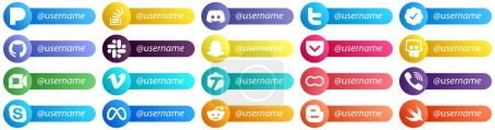 Ilustración de Card Style Social Media Platform Follow Me Icons 20 pack such as google meet. pocket. snapchat and github icons. High quality and minimalist - Imagen libre de derechos