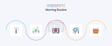 Illustration for Morning Routine Flat 5 Icon Pack Including bag. case. tv. business. mirror - Royalty Free Image