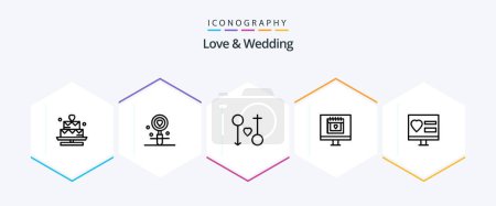 Illustration for Love And Wedding 25 Line icon pack including lover. calendar. search. passion. male - Royalty Free Image