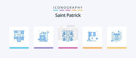 Téléchargez les illustrations : Saint Patrick Blue 5 Icon Pack Including harp. irish. shopping. flag. day. Creative Icons Design - en licence libre de droit