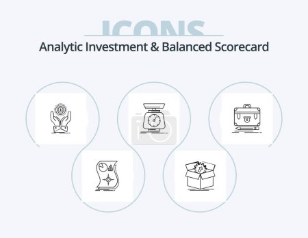 Ilustración de Analytic Investment And Balanced Scorecard Line Icon Pack 5 Icon Design. relationship. estimation. progress. website. fundraising - Imagen libre de derechos