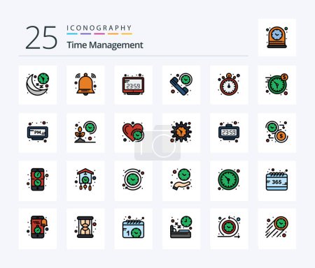 Téléchargez les illustrations : Time Management 25 Line Filled icon pack including summary. duration. signal. call. computer time - en licence libre de droit