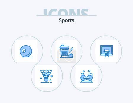 Illustration for Sports Blue Icon Pack 5 Icon Design. drink. starbucks. gym. coffee. sport - Royalty Free Image