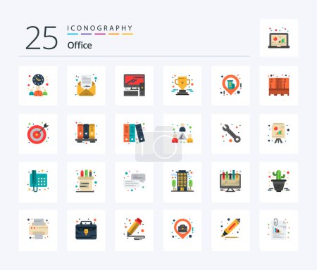 Téléchargez les illustrations : Office 25 Flat Color icon pack including location. star. computer. prize. achievement - en licence libre de droit