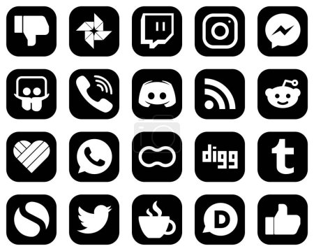 Illustration for 20 Customizable White Social Media Icons on Black Background such as message. facebook. discord and rakuten icons. Fully customizable and high-quality - Royalty Free Image