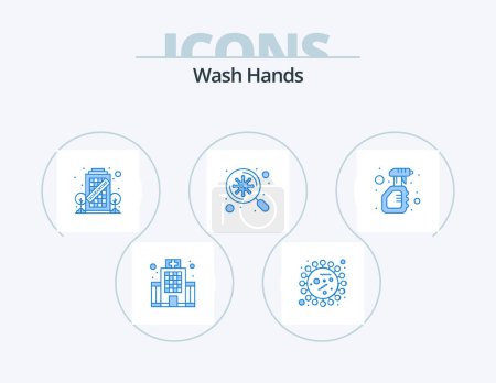 Téléchargez les illustrations : Wash Hands Blue Icon Pack 5 Icon Design. cleaning. virus. bacteria. search. staying - en licence libre de droit