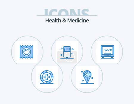 Téléchargez les illustrations : Health and Medicine Blue Icon Pack 5 Icon Design. fitness. disease. map. pregnancy. medical - en licence libre de droit