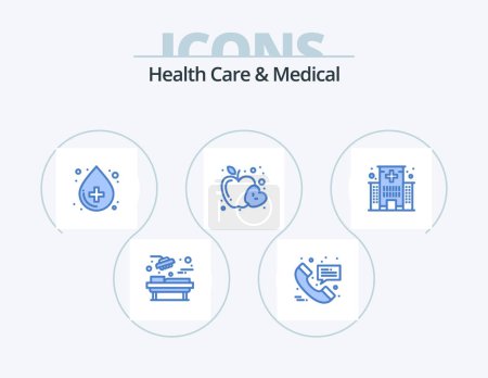 Illustration for Health Care And Medical Blue Icon Pack 5 Icon Design. care. health. blood. fruit. apple - Royalty Free Image