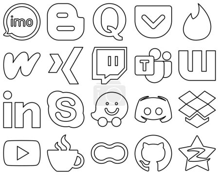 Illustration for 20 Customizable Black Outline Social Media Icons such as linkedin. pocket. microsoft team and xing icons. Fully customizable and high-quality - Royalty Free Image