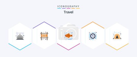 Illustration for Travel 25 Flat icon pack including camping. the. fish. hours. around - Royalty Free Image