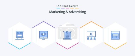 Illustration for Marketing And Advertising 25 Blue icon pack including card. video tutorials. online. video advertising. online advertisement - Royalty Free Image