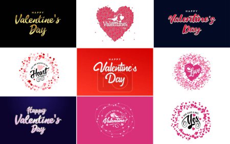 Téléchargez les illustrations : Happy Valentine's Day greeting card template with a floral theme and a red and pink color scheme - en licence libre de droit