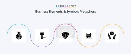 Téléchargez les illustrations : Business Elements And Symbols Metaphors Glyph 5 Icon Pack Including insurance. item. sheild. shipping. cart - en licence libre de droit