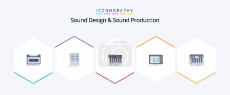 Illustration for Sound Design And Sound Production 25 Flat icon pack including mixer. console. mixer. synthesizer. midi - Royalty Free Image