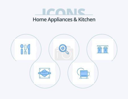 Téléchargez les illustrations : Home Appliances And Kitchen Blue Icon Pack 5 Icon Design. paper. griddle. cutlery. kitchen. pan - en licence libre de droit