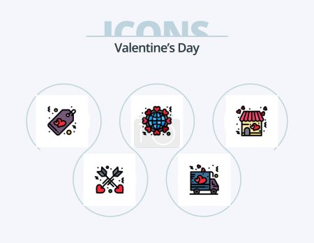 Téléchargez les illustrations : Valentines Day Line Filled Icon Pack 5 Icon Design. world. like. heart. heart. truck - en licence libre de droit