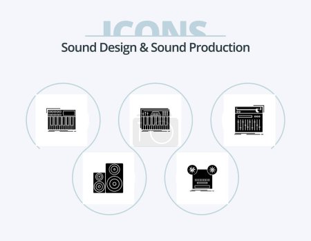 Illustration for Sound Design And Sound Production Glyph Icon Pack 5 Icon Design. keys. controller. tape. synthesizer. midi - Royalty Free Image
