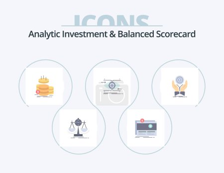 Ilustración de Analytic Investment And Balanced Scorecard Flat Icon Pack 5 Icon Design. focus. attention. platform. savings. gold - Imagen libre de derechos