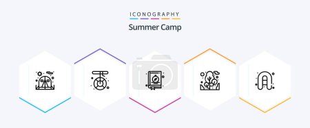 Téléchargez les illustrations : Summer Camp 25 Line icon pack including travel. inflatable boat. compass. camping. plant - en licence libre de droit