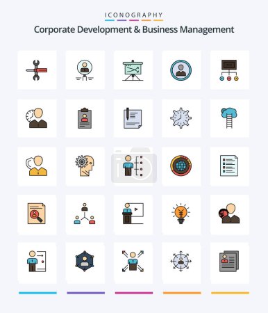 Ilustración de Creative Corporate Development And Business Management 25 Line FIlled icon pack  Such As planning. business. hiring. strategic. resource - Imagen libre de derechos