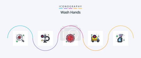 Téléchargez les illustrations : Wash Hands Line Filled Flat 5 Icon Pack Including virus. pandemic. bacteria. corona. bacteria - en licence libre de droit