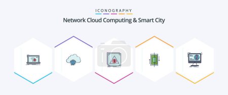 Téléchargez les illustrations : Network Cloud Computing And Smart City 25 FilledLine icon pack including data. sync. hub. alert. denied - en licence libre de droit