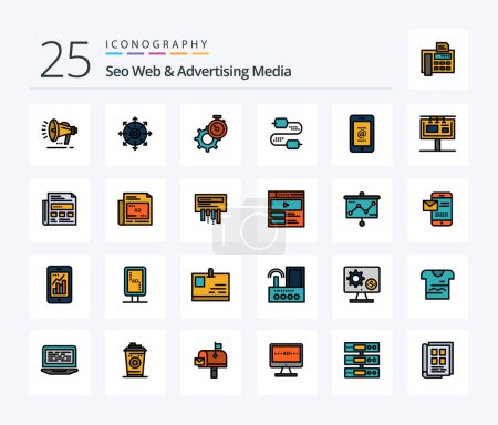 Ilustración de Seo Web And Advertising Media 25 Line Filled icon pack including mobile. joint. timer. wire. watch - Imagen libre de derechos