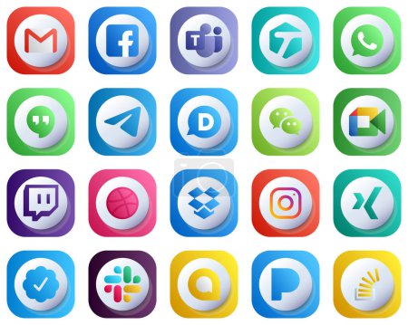 Illustration for 20 Cute Unique 3D Gradient Social Media Icons such as google meet. wechat. tagged. disqus and messenger icons. Customizable and Professional - Royalty Free Image