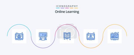 Illustration for Online Learning Blue 5 Icon Pack Including content. globe. book. youtube. online - Royalty Free Image