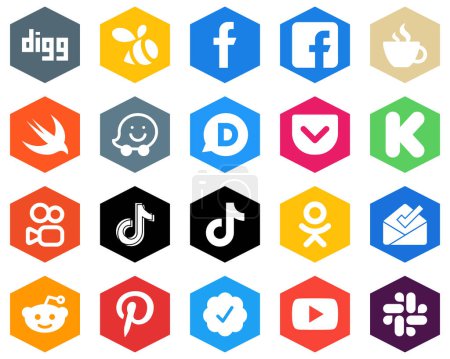 Illustration for 20 White Hexagon Flat Color Icons video. tiktok. swift. kuaishou and kickstarter Social Media Platforms - Royalty Free Image