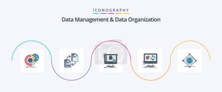 Téléchargez les illustrations : Data Management And Data Organization Line Filled Flat 5 Icon Pack Including application. update. document. data. safe - en licence libre de droit