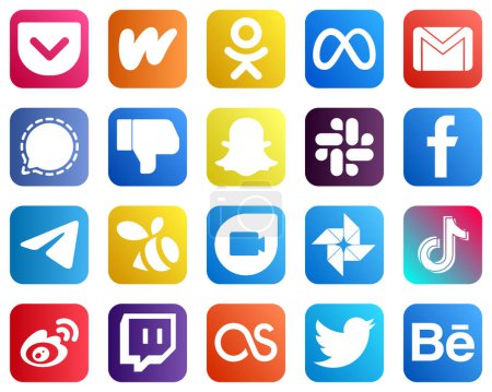 Ilustración de Complete Social Media Icon Pack 20 icons such as fb. slack. mail. snapchat and dislike icons. High resolution and fully customizable - Imagen libre de derechos