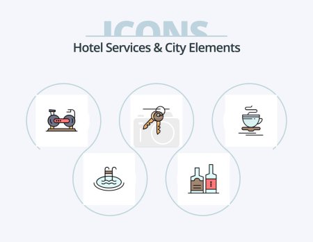 Téléchargez les illustrations : Hotel Services And City Elements Line Filled Icon Pack 5 Icon Design. location. glass. browser. food. hotel - en licence libre de droit